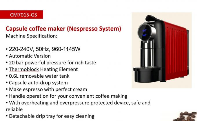 20 Bar Nespresso Capsule Machine 0.6L Removable Water Tank 1